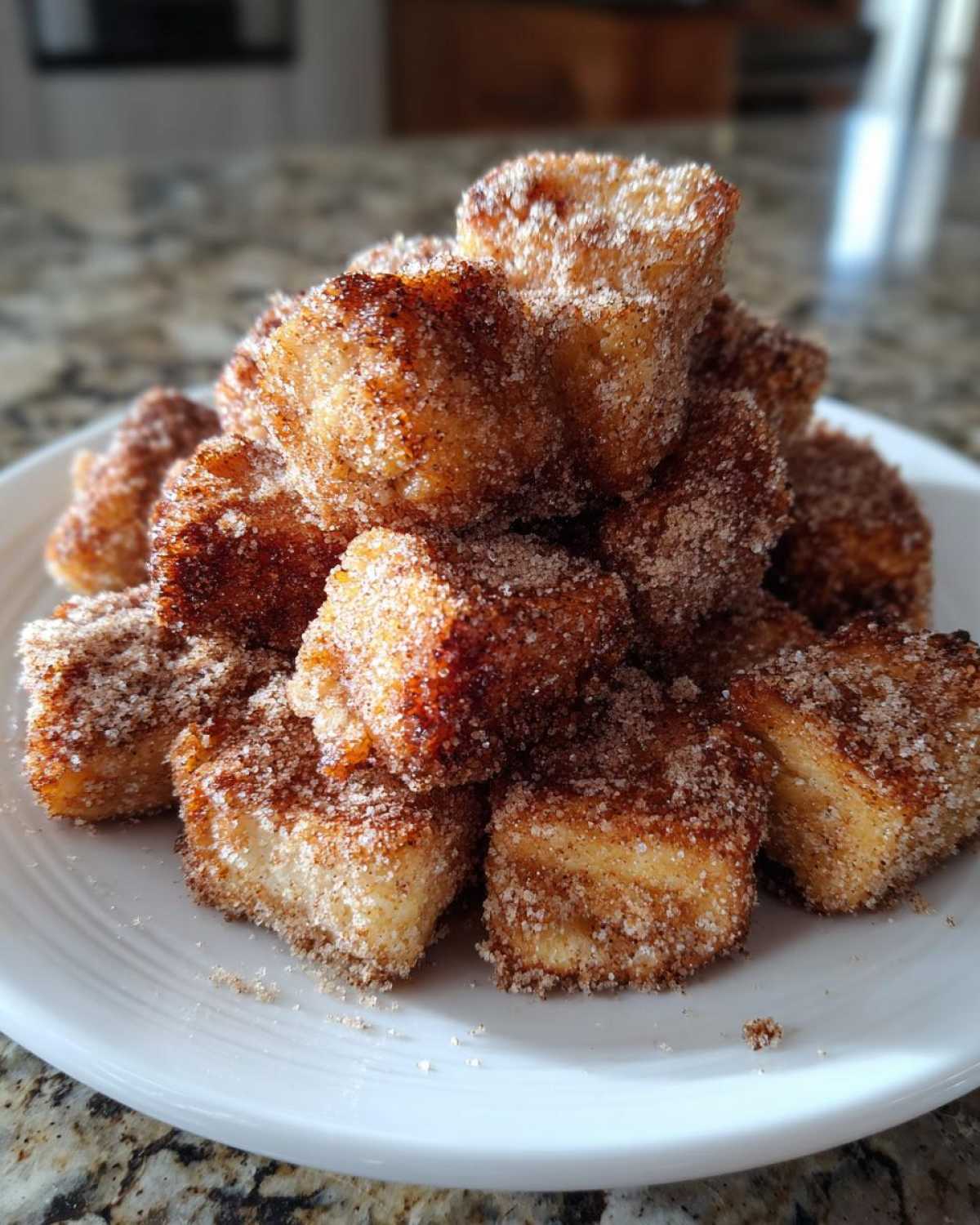 A mound of golden brown Air Fryer Crispy Cinnamon French Toast Bites coated heavily in cinnamon sugar, served on a white plate.