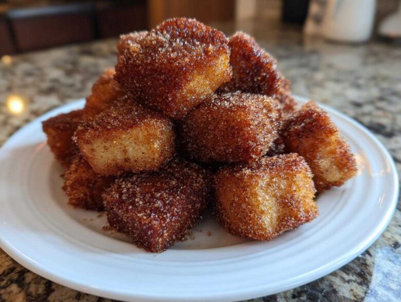 A close-up of a white plate piled high with Air Fryer Crispy Cinnamon French Toast Bites coated in cinnamon sugar.