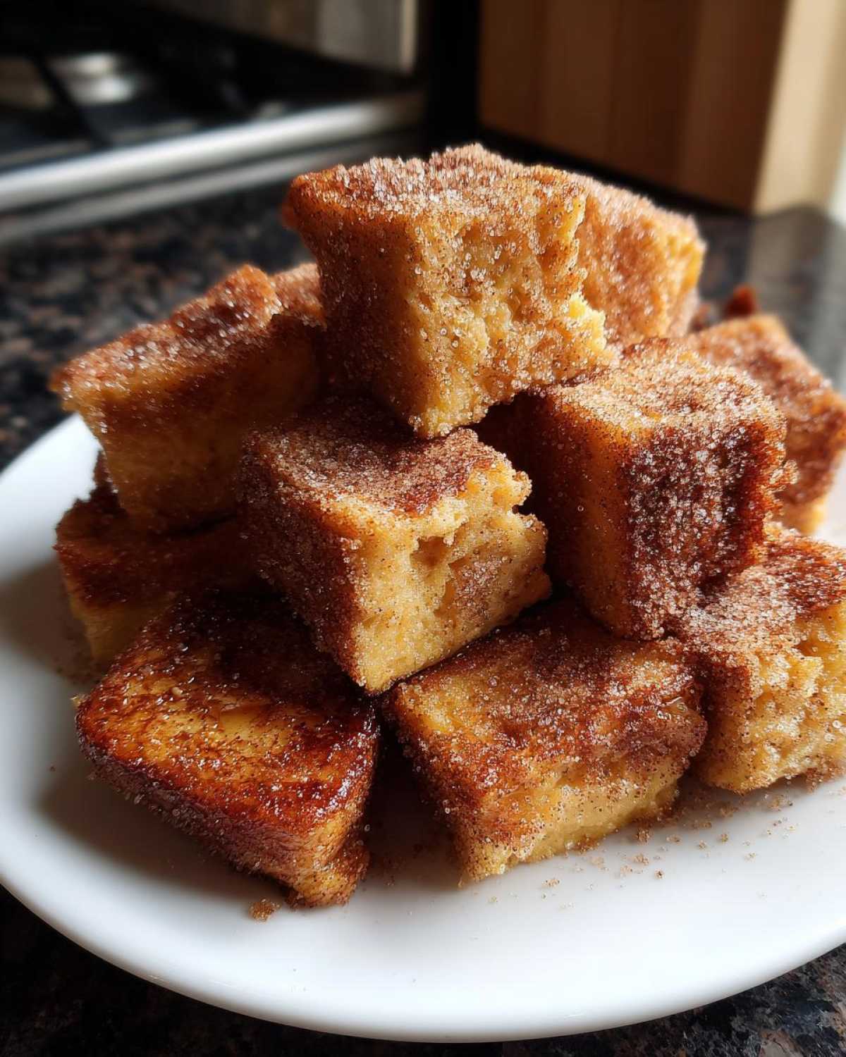 A pile of golden brown Air Fryer Crispy Cinnamon French Toast Bites coated heavily in cinnamon sugar on a white plate.