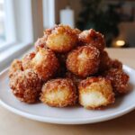 A mound of golden Air Fryer Crispy Cinnamon Sugar Pretzel Bites coated heavily in sparkling cinnamon sugar on a white plate.