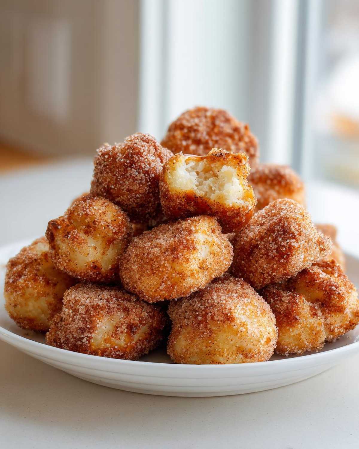 A pile of golden Air Fryer Crispy Cinnamon Sugar Pretzel Bites coated heavily in cinnamon sugar on a white plate.