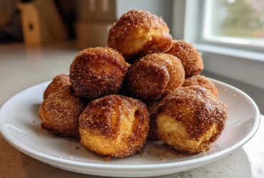 A mound of golden brown Air Fryer Crispy Cinnamon Sugar Pretzel Bites piled high on a white plate.