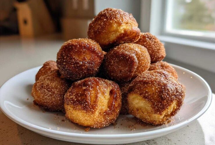 A mound of golden brown Air Fryer Crispy Cinnamon Sugar Pretzel Bites piled high on a white plate.