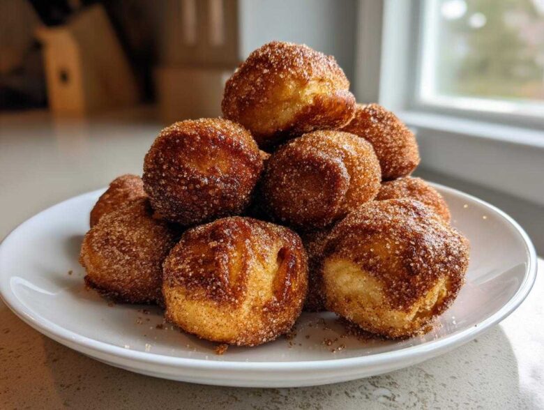 A mound of golden brown Air Fryer Crispy Cinnamon Sugar Pretzel Bites piled high on a white plate.