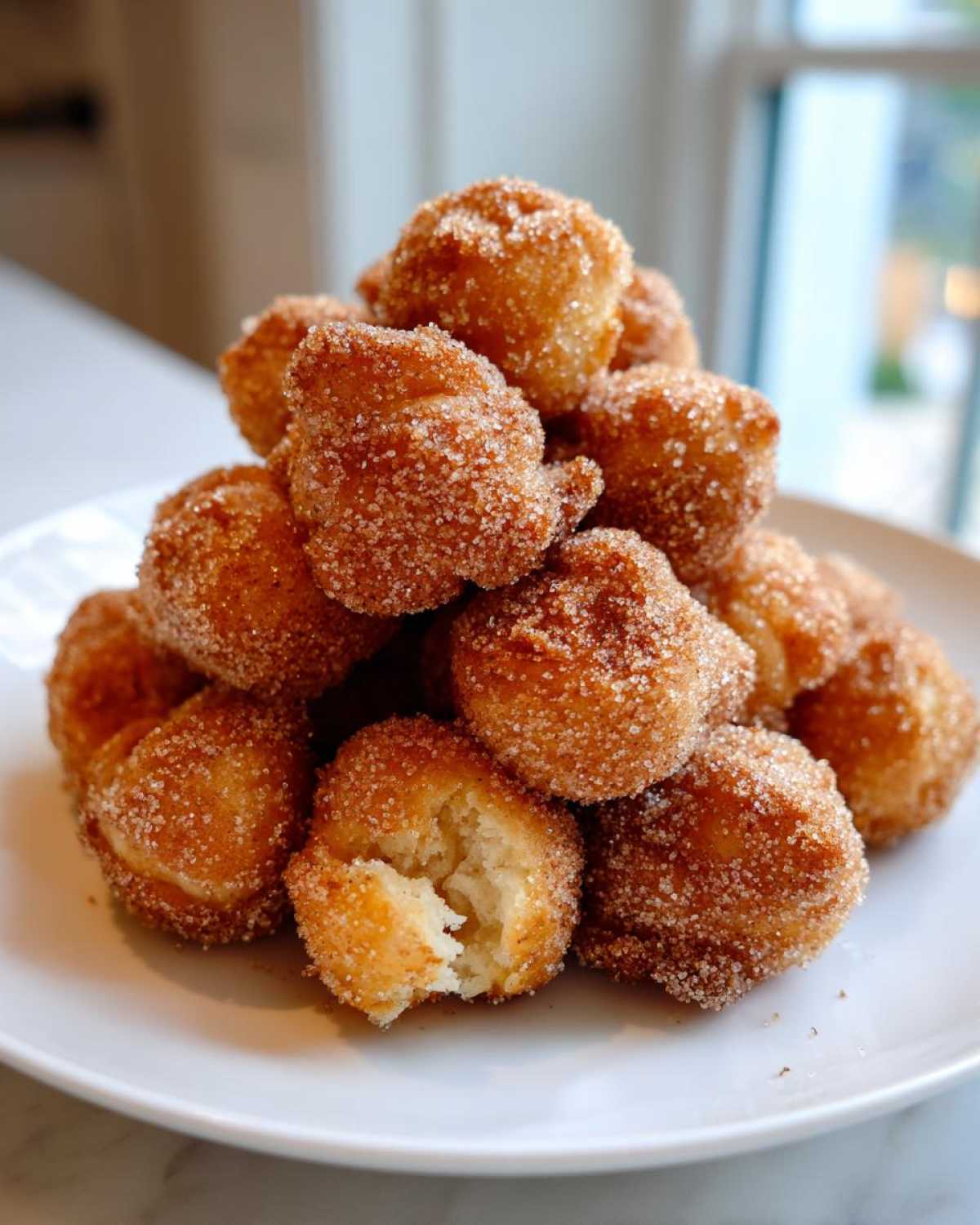 A tall stack of golden brown Air Fryer Crispy Cinnamon Sugar Pretzel Bites heavily coated in sparkling cinnamon sugar on a white plate.