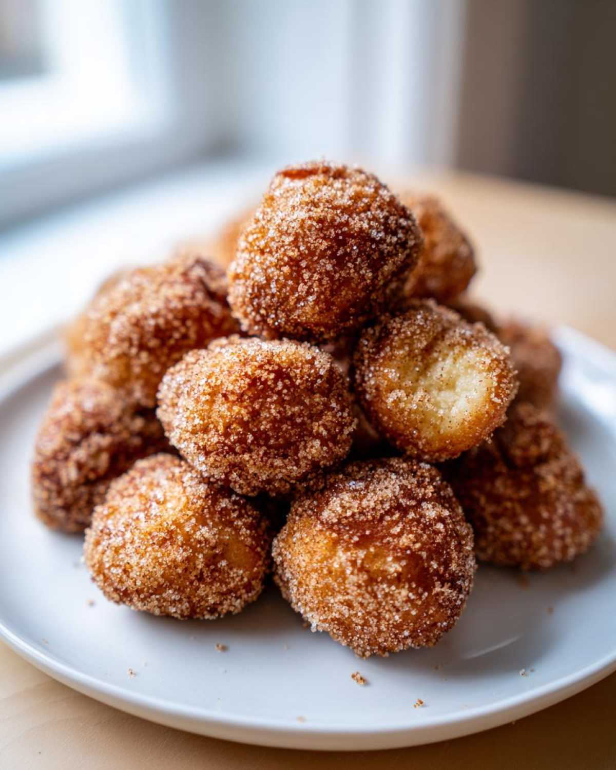A close-up stack of golden brown Air Fryer Crispy Cinnamon Sugar Pretzel Bites coated heavily in sparkling cinnamon sugar.