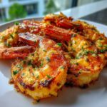 Close-up of several Air Fryer Crispy Garlic Butter Shrimp coated in melted butter and parsley on a white plate.