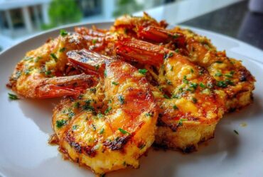 Close-up of several Air Fryer Crispy Garlic Butter Shrimp coated in melted butter and parsley on a white plate.