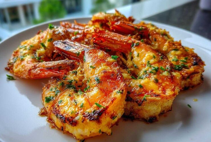 Close-up of several Air Fryer Crispy Garlic Butter Shrimp coated in melted butter and parsley on a white plate.