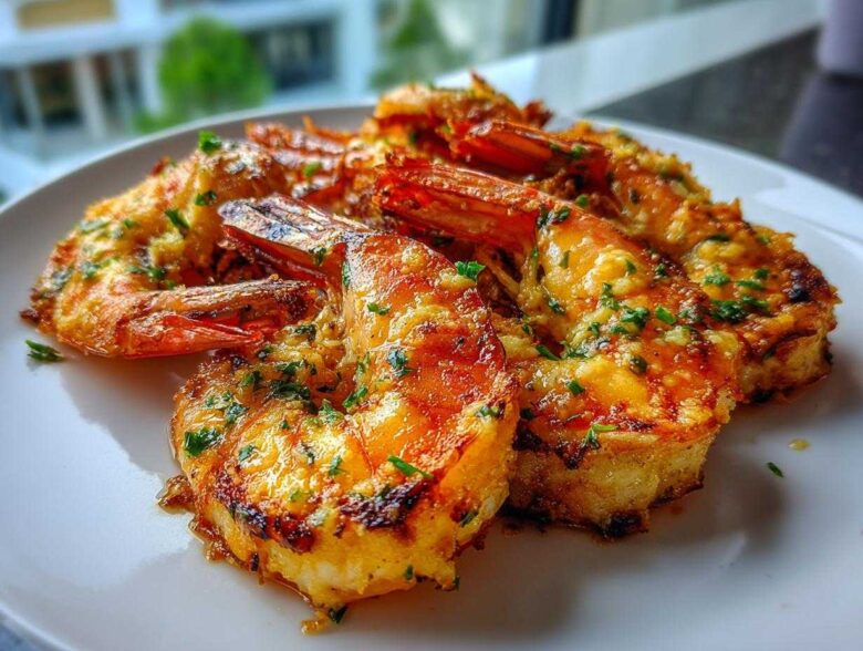 Close-up of several Air Fryer Crispy Garlic Butter Shrimp coated in melted butter and parsley on a white plate.