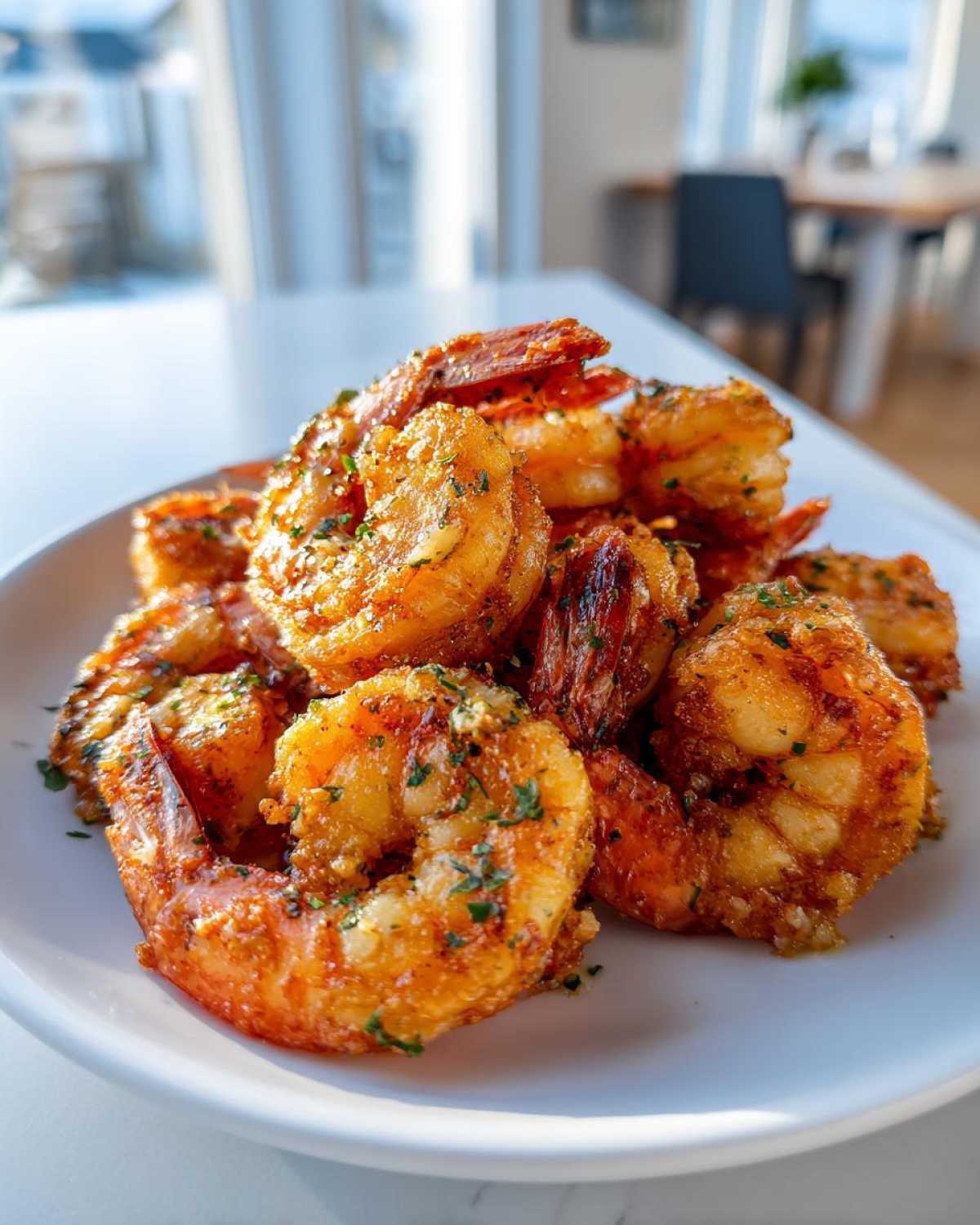 A close-up of perfectly cooked Air Fryer Crispy Garlic Butter Shrimp piled high on a white plate, garnished with parsley.