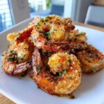A pile of golden brown Air Fryer Crispy Garlic Butter Shrimp seasoned with breadcrumbs and parsley on a white plate.