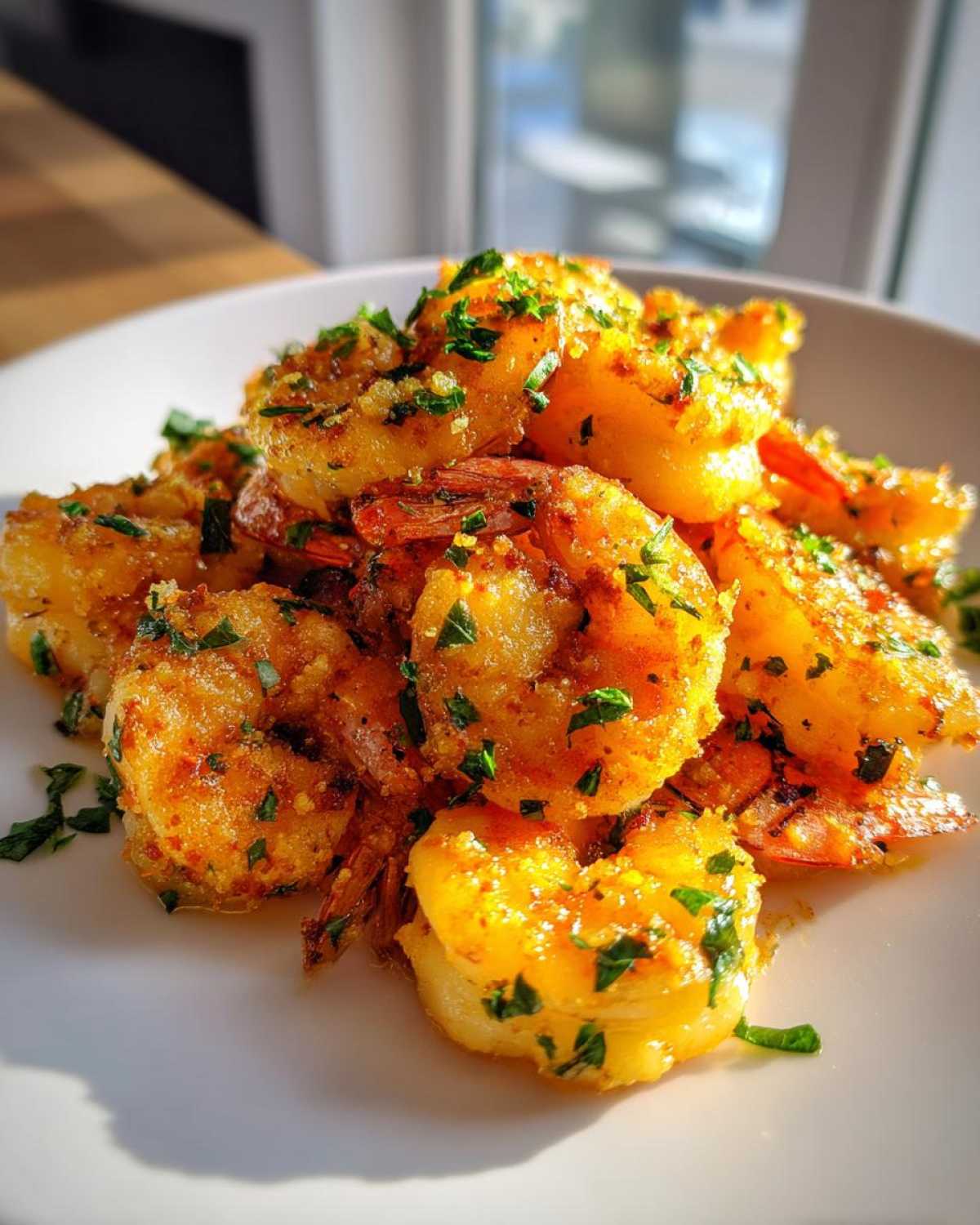 Close-up of golden Air Fryer Crispy Garlic Butter Shrimp piled on a white plate, garnished with fresh parsley.