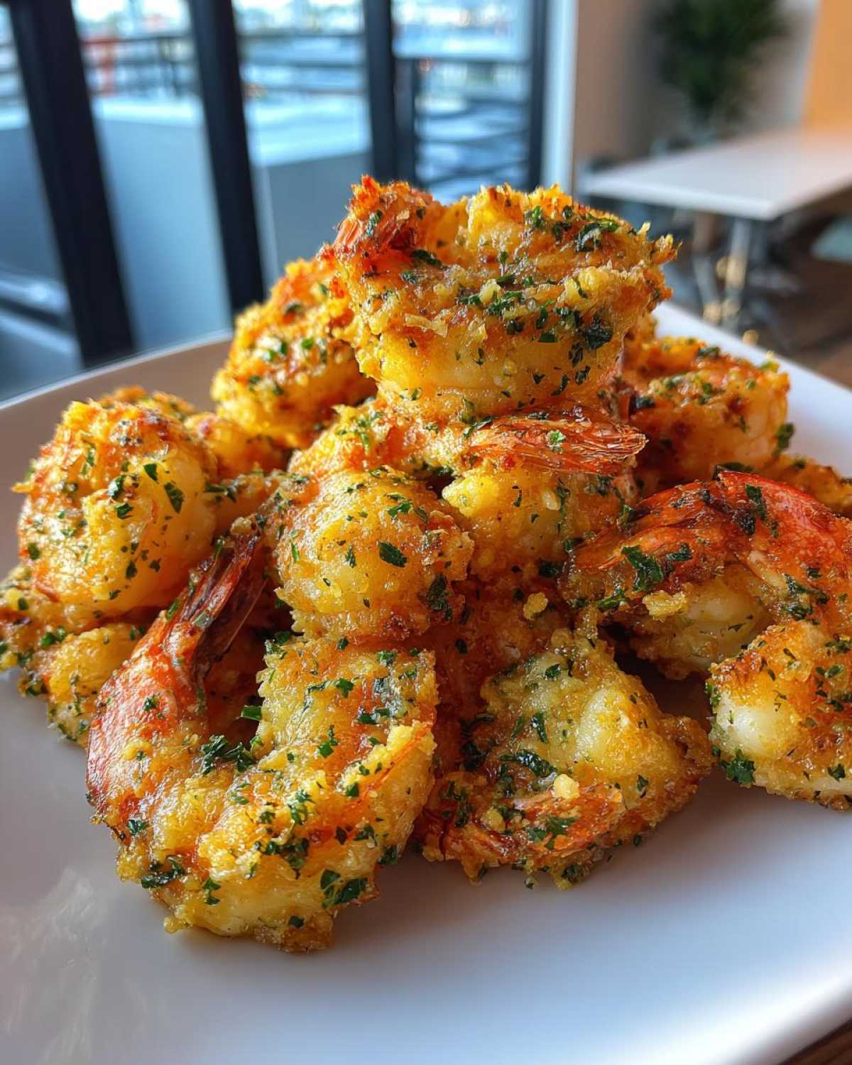 A mound of golden, crispy Air Fryer Crispy Garlic Butter Shrimp seasoned with parsley, served on a white plate.