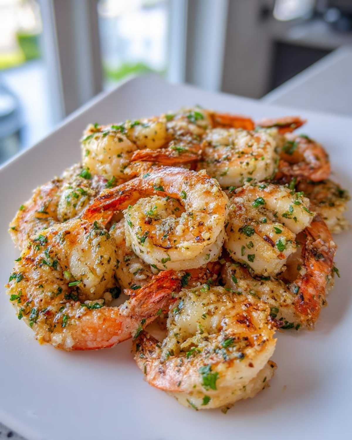 A pile of perfectly cooked Air Fryer Crispy Garlic Butter Shrimp seasoned with herbs on a white plate.