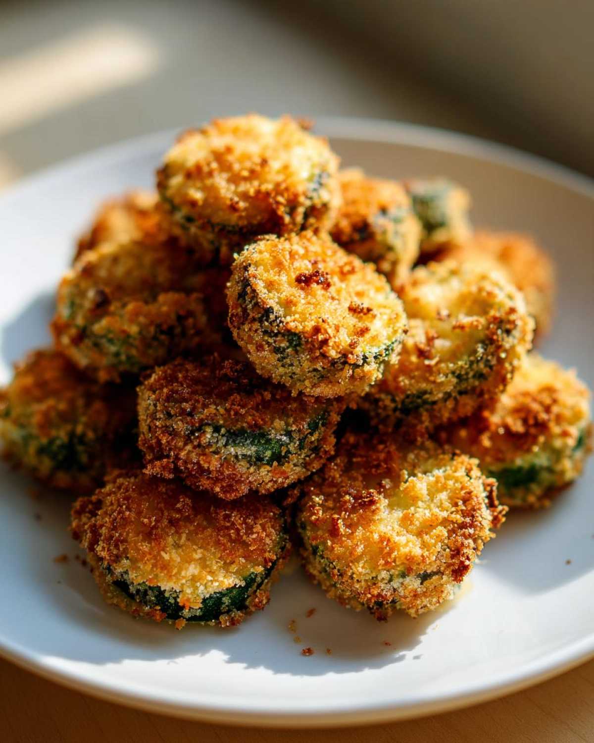 A pile of golden brown, breaded, and crispy Air Fryer Crispy Garlic Dill Pickles slices stacked on a white plate.
