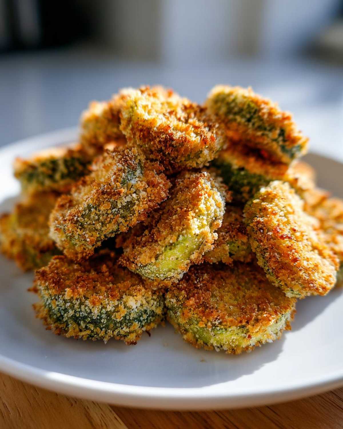 A close-up stack of golden brown, crispy Air Fryer Crispy Garlic Dill Pickles on a white plate.