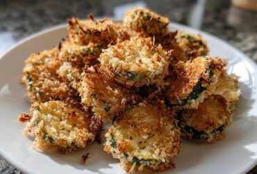 A pile of golden brown, crispy Air Fryer Crispy Garlic Dill Pickles slices served on a white plate.