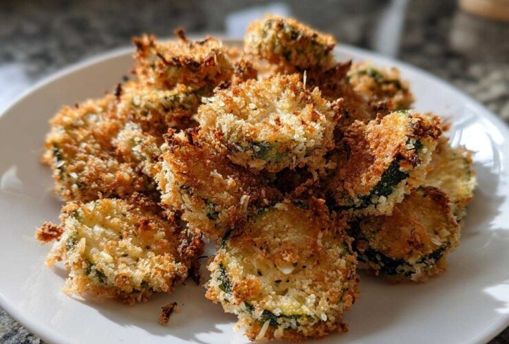A pile of golden brown, crispy Air Fryer Crispy Garlic Dill Pickles slices served on a white plate.