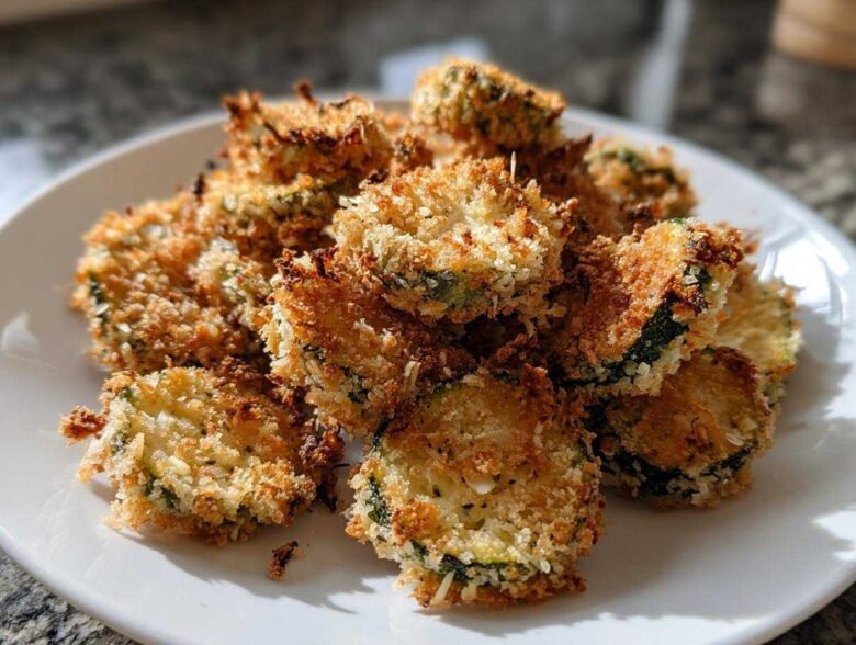 A pile of golden brown, crispy Air Fryer Crispy Garlic Dill Pickles slices served on a white plate.