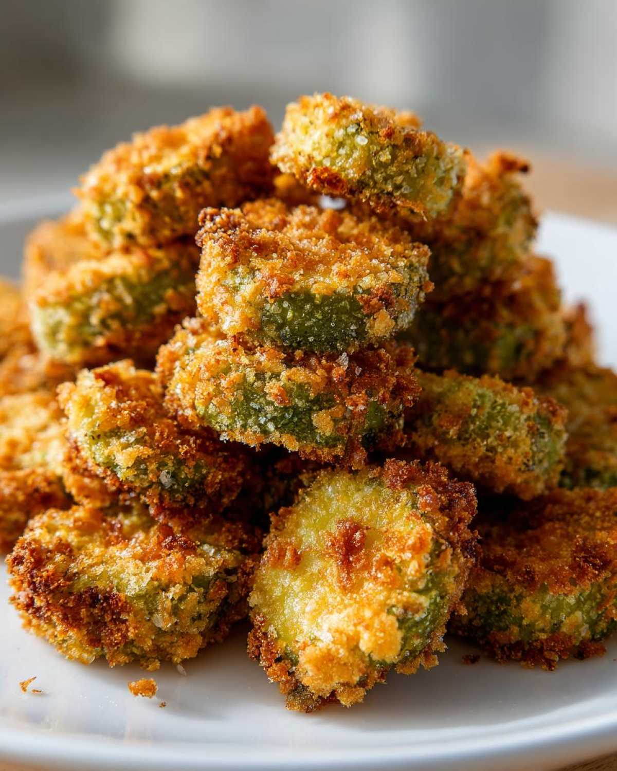 A close-up stack of golden brown, breaded Air Fryer Crispy Garlic Dill Pickles on a white plate.