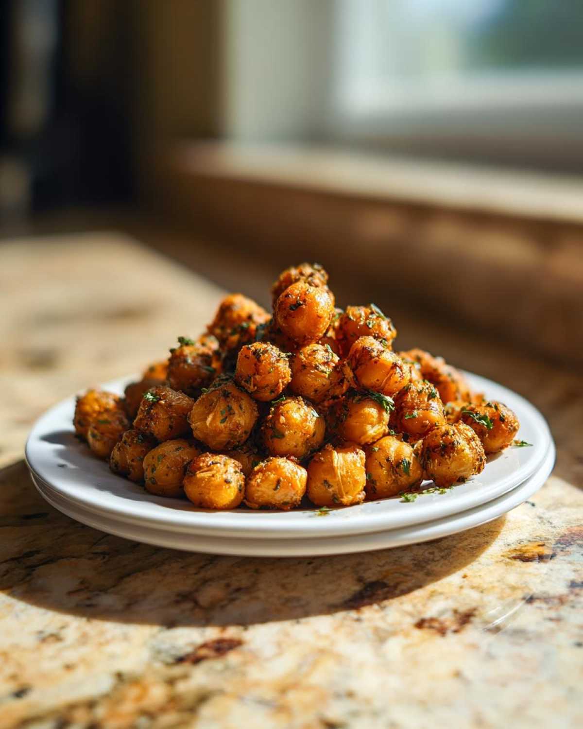 A mound of golden brown Air Fryer Crispy Garlic Herb Chickpeas seasoned with green herbs, piled on white plates.