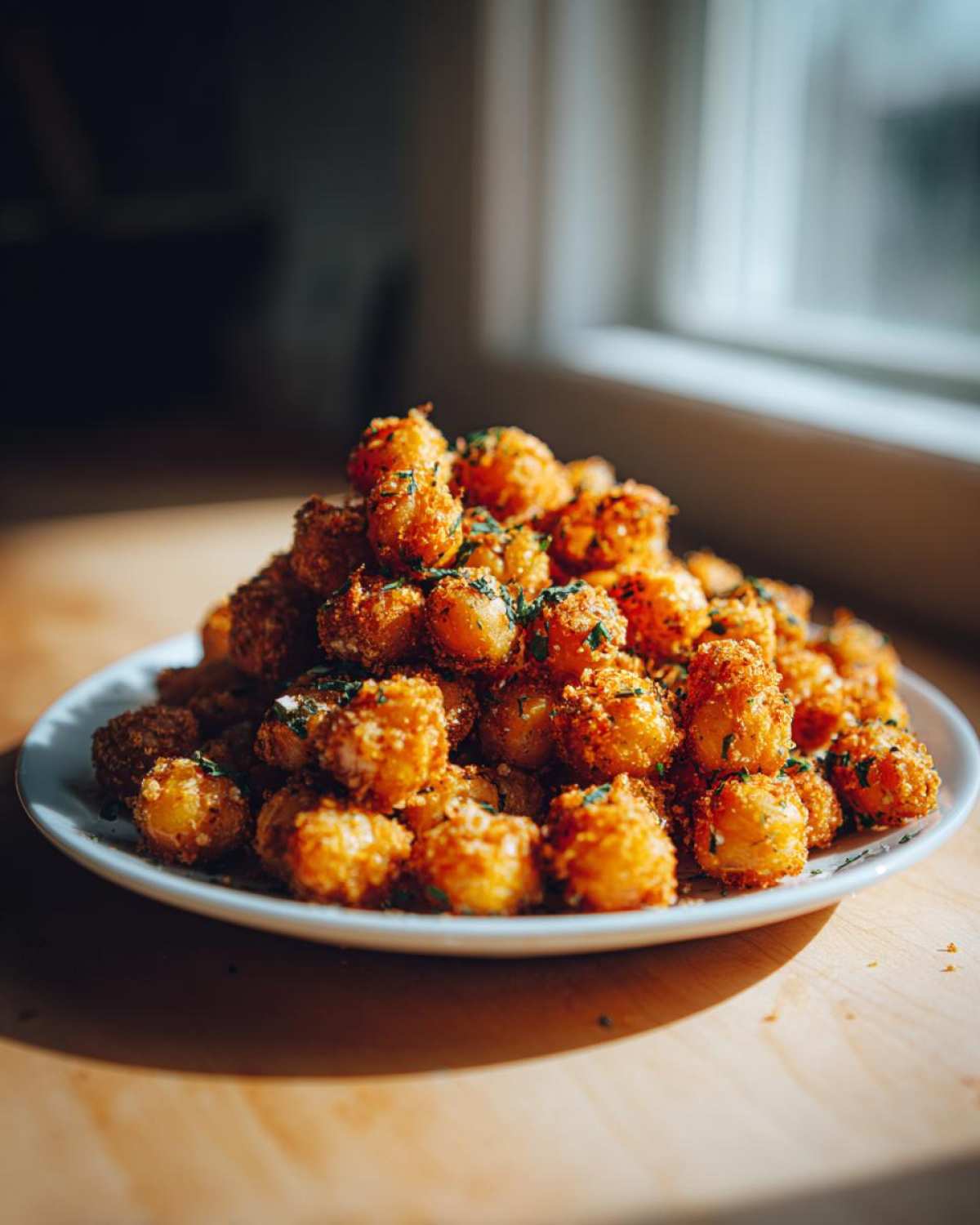 A mound of golden brown Air Fryer Crispy Garlic Herb Chickpeas sprinkled with green herbs on a white plate.