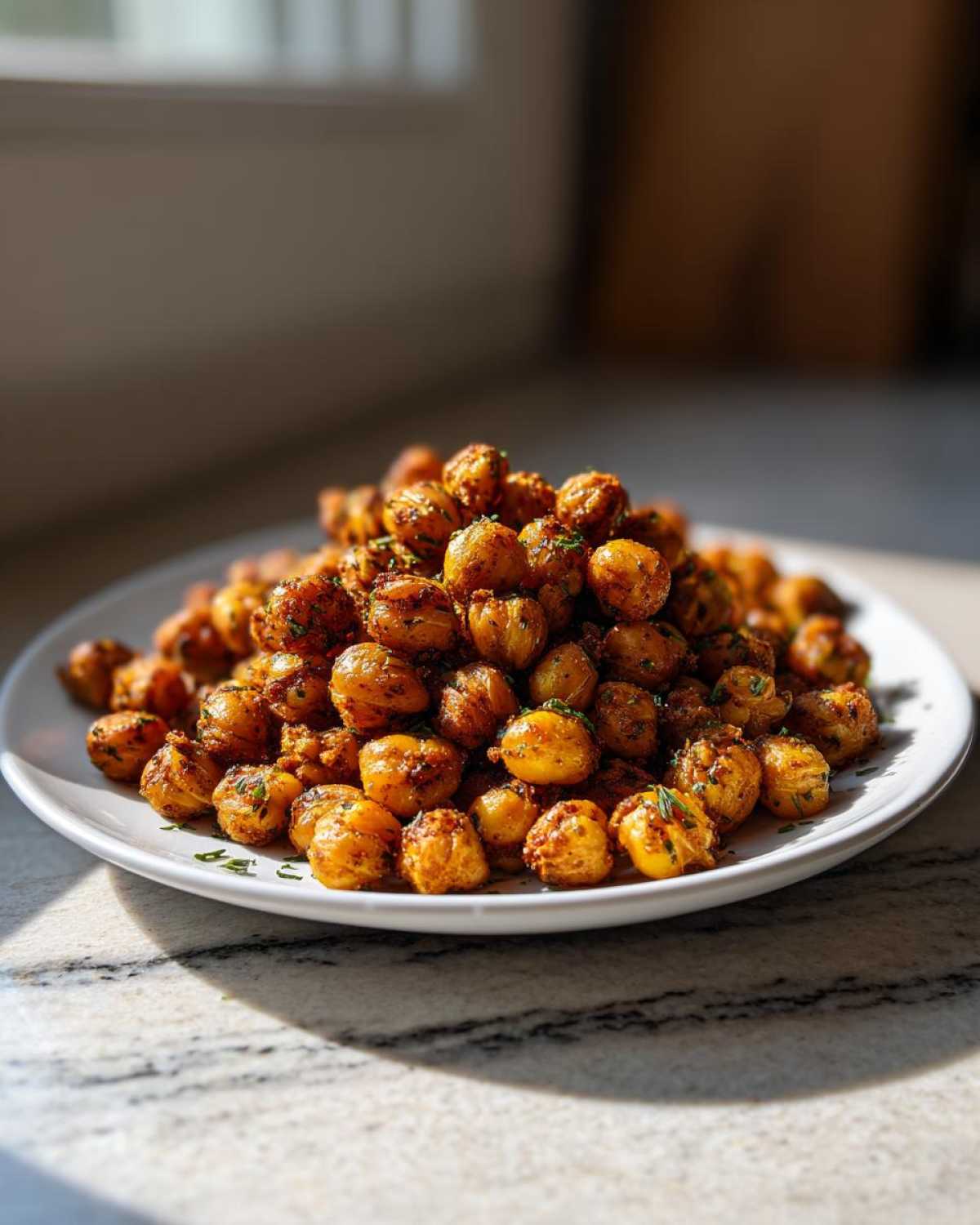 A mound of golden brown Air Fryer Crispy Garlic Herb Chickpeas seasoned with herbs on a white plate.