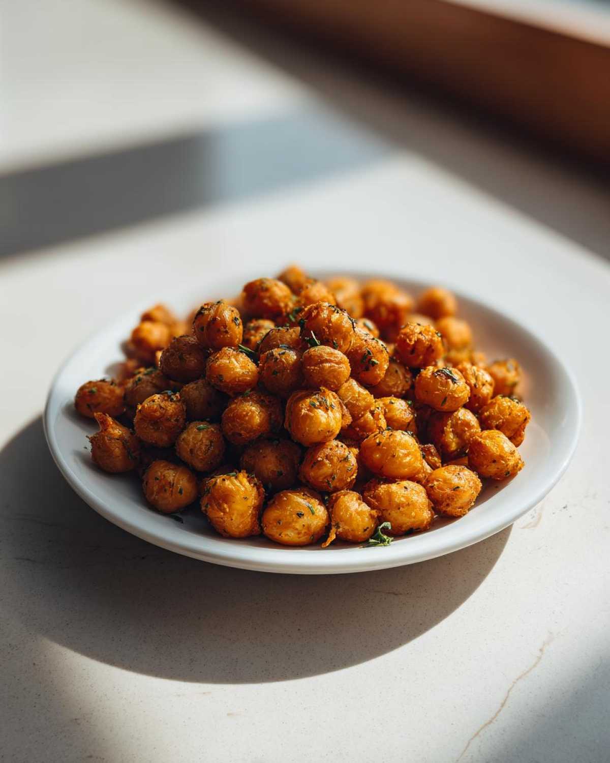 A white plate piled high with golden brown Air Fryer Crispy Garlic Herb Chickpeas, sprinkled with green herbs.