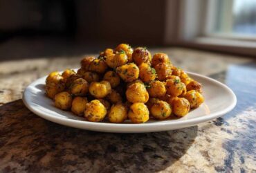 A mound of golden brown Air Fryer Crispy Garlic Herb Chickpeas seasoned with herbs, served on a white plate.