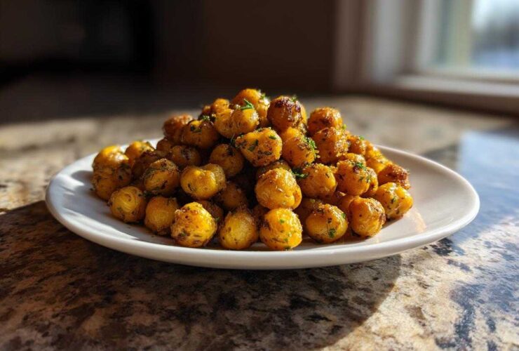 A mound of golden brown Air Fryer Crispy Garlic Herb Chickpeas seasoned with herbs, served on a white plate.