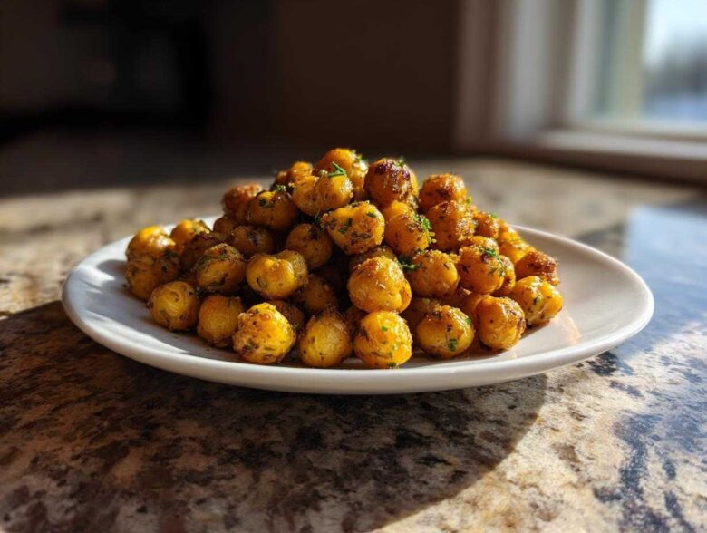 A mound of golden brown Air Fryer Crispy Garlic Herb Chickpeas seasoned with herbs, served on a white plate.