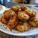 A pile of golden brown, crispy Air Fryer Crispy Garlic Parmesan Mushrooms garnished with fresh parsley on a white plate.
