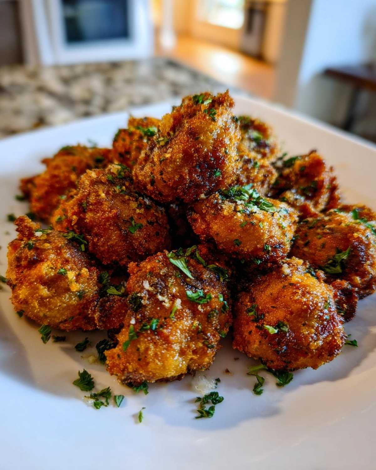 A mound of golden brown Air Fryer Crispy Garlic Parmesan Mushrooms garnished with fresh parsley on a white plate.