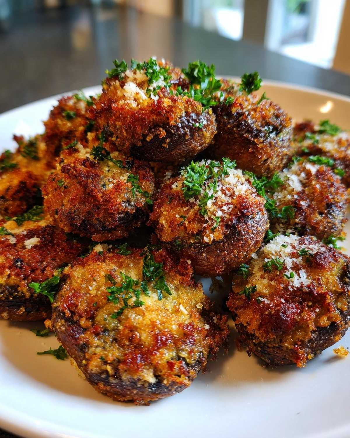A pile of golden brown Air Fryer Crispy Garlic Parmesan Mushrooms garnished with fresh parsley and grated cheese.