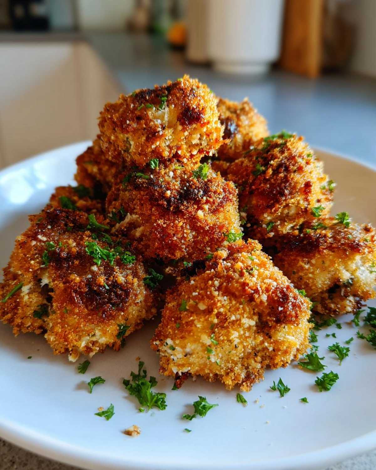 A stack of golden brown Air Fryer Crispy Garlic Parmesan Mushrooms dusted with herbs on a white plate.