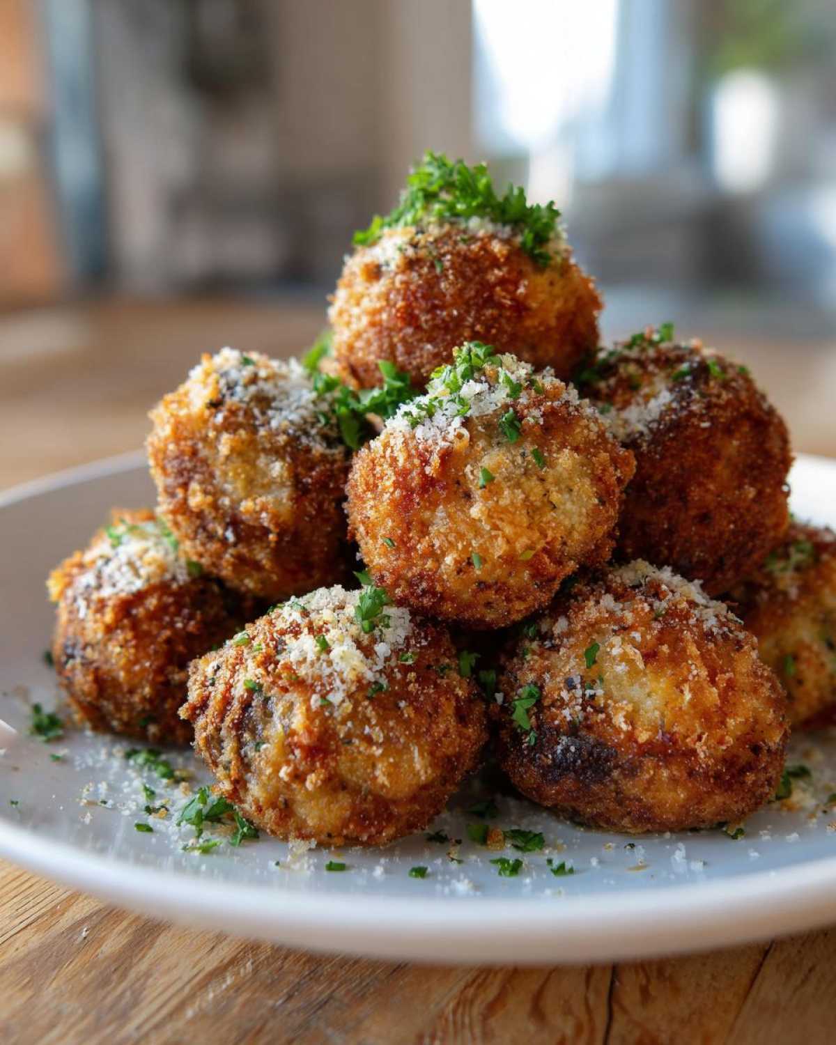 A stack of golden brown Air Fryer Crispy Garlic Parmesan Mushrooms topped with grated cheese and parsley.