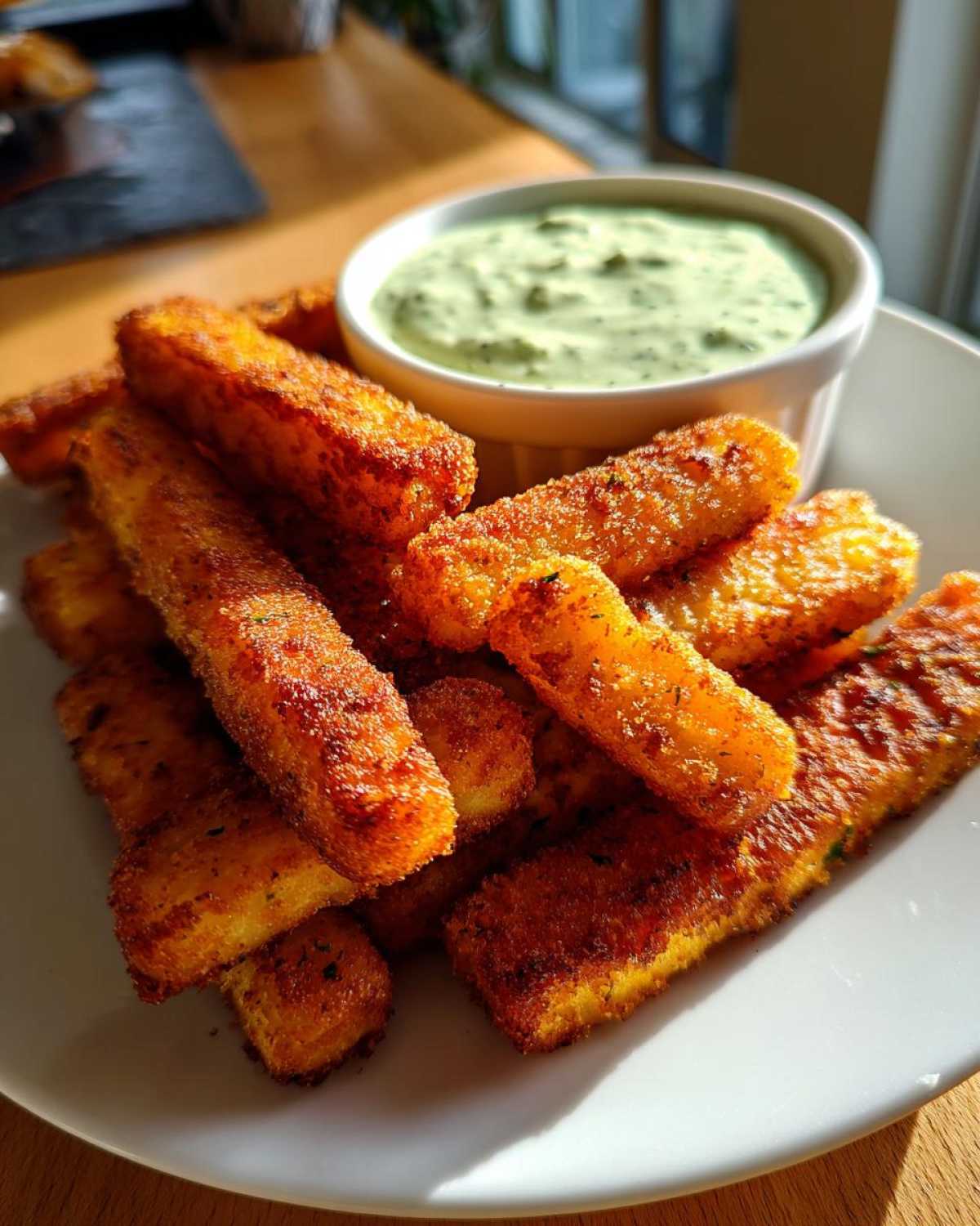 A pile of golden brown Air Fryer Crispy Halloumi Fries served on a white plate next to a small bowl of green dipping sauce.