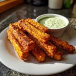 A pile of golden brown Air Fryer Crispy Halloumi Fries served on a white plate next to a small cup of green dipping sauce.