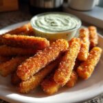 A plate piled high with golden brown Air Fryer Crispy Halloumi Fries next to a small bowl of green dipping sauce.