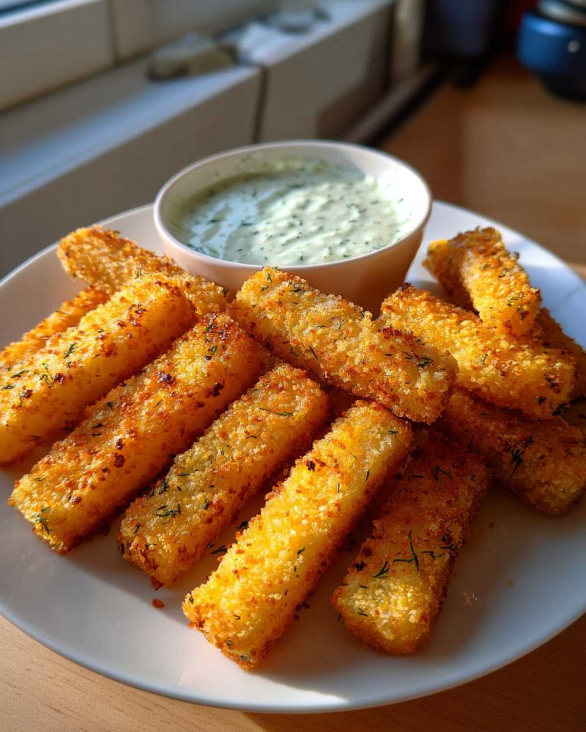 A plate piled high with golden brown Air Fryer Crispy Halloumi Fries next to a small bowl of creamy green dipping sauce.