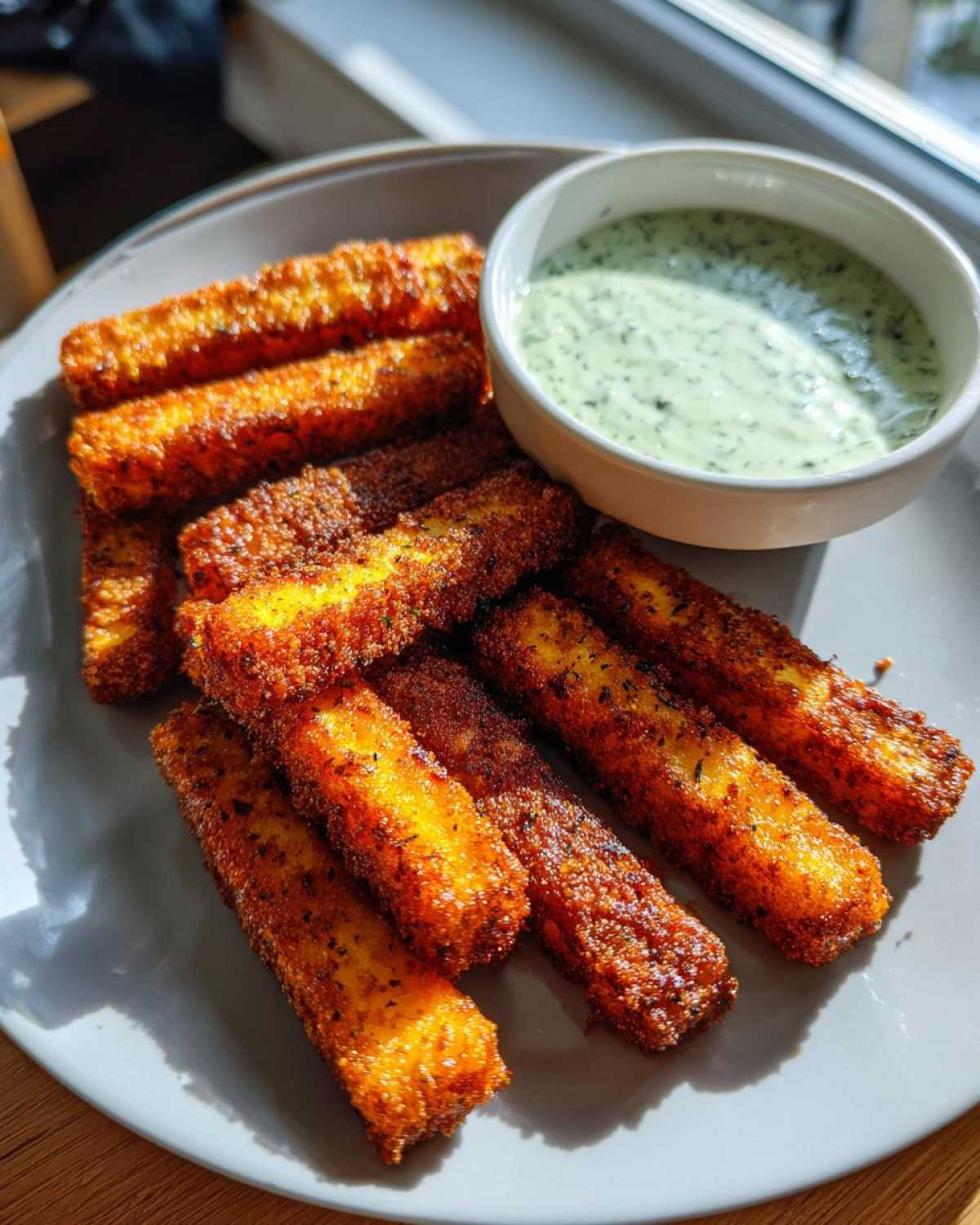 A plate of golden brown, crispy Air Fryer Crispy Halloumi Fries served next to a small bowl of green herb dipping sauce.