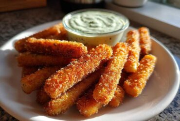 A plate piled high with golden brown Air Fryer Crispy Halloumi Fries next to a small bowl of green dipping sauce.