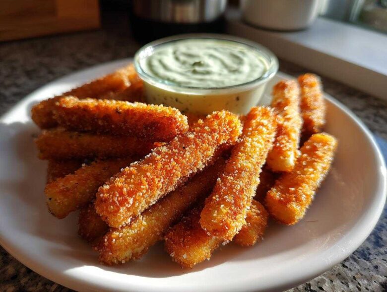 A plate piled high with golden brown Air Fryer Crispy Halloumi Fries next to a small bowl of green dipping sauce.
