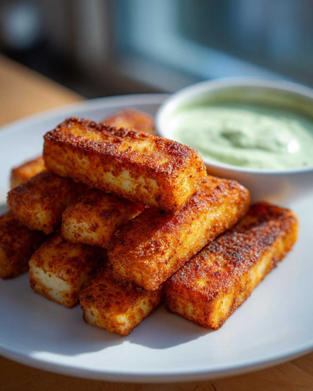 A stack of golden brown, seasoned Air Fryer Crispy Halloumi Fries served on a white plate with a side of green dipping sauce.