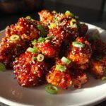 Close-up of glistening Air Fryer Crispy Korean Chicken Bites coated in spicy sauce, topped with sesame seeds and sliced green onions.