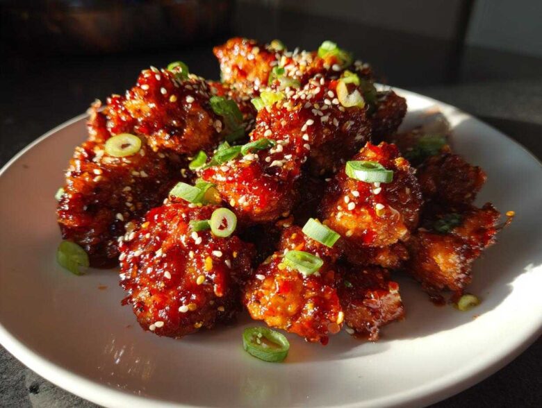 Close-up of glistening Air Fryer Crispy Korean Chicken Bites coated in spicy sauce, topped with sesame seeds and sliced green onions.