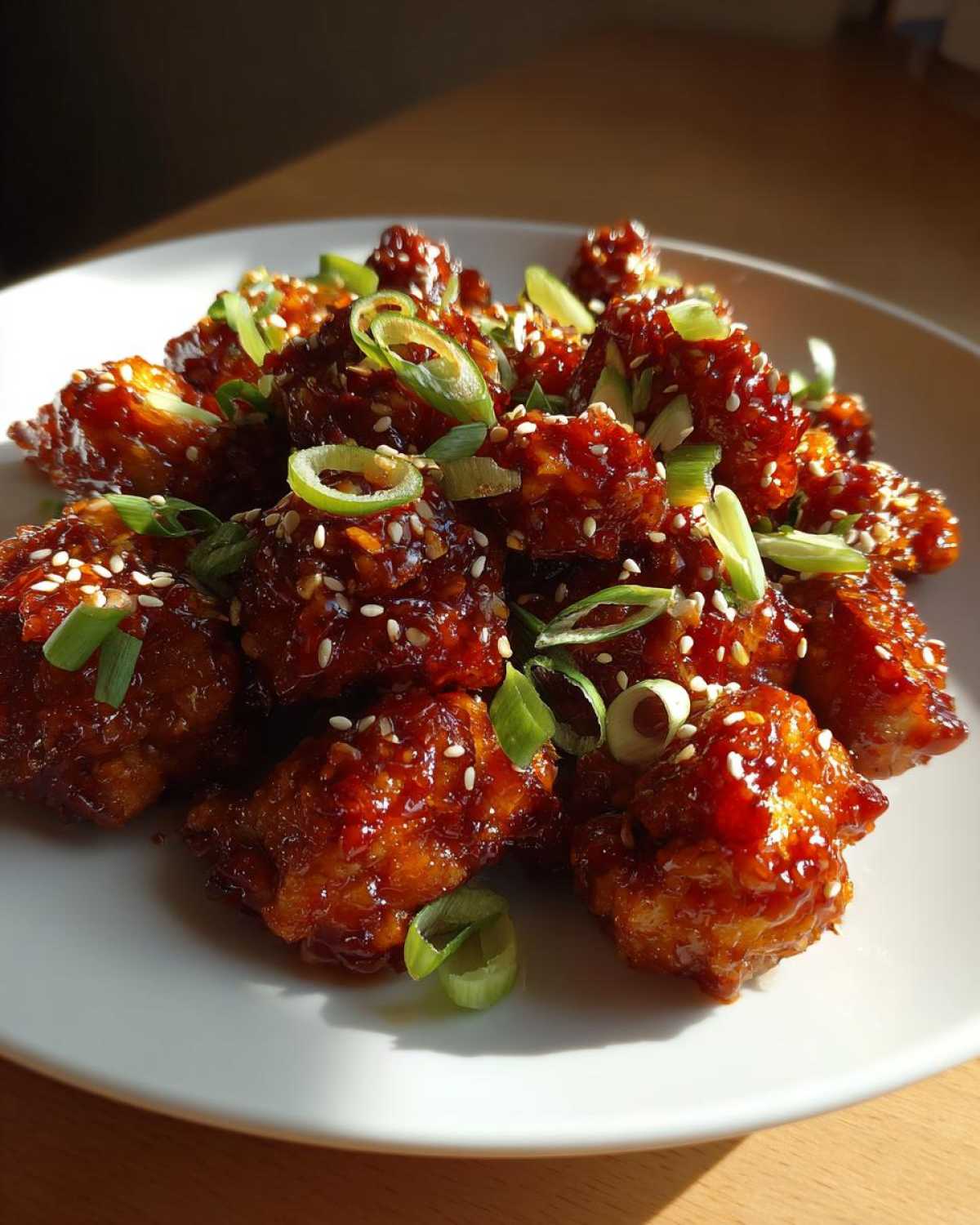 A plate of glossy, saucy Air Fryer Crispy Korean Chicken Bites topped with sesame seeds and sliced green onions.