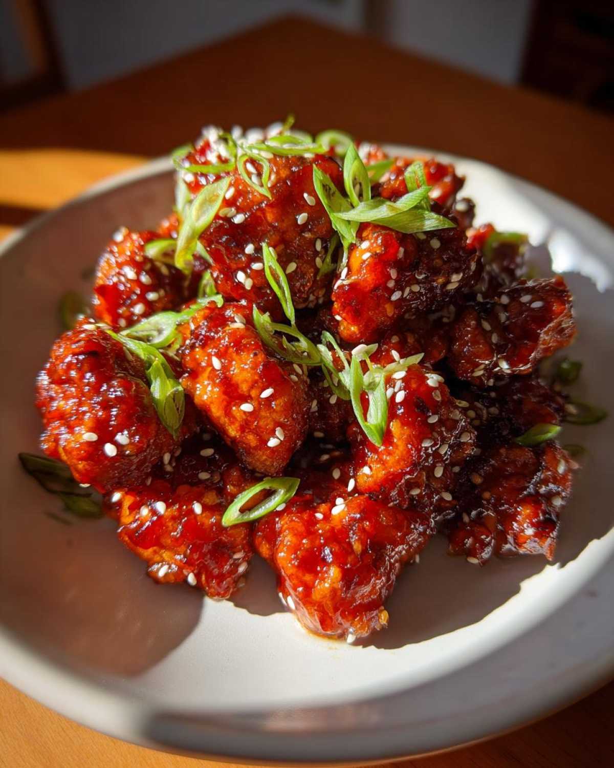 A mound of Air Fryer Crispy Korean Chicken Bites coated in a glossy red sauce, sprinkled with sesame seeds and green onions.
