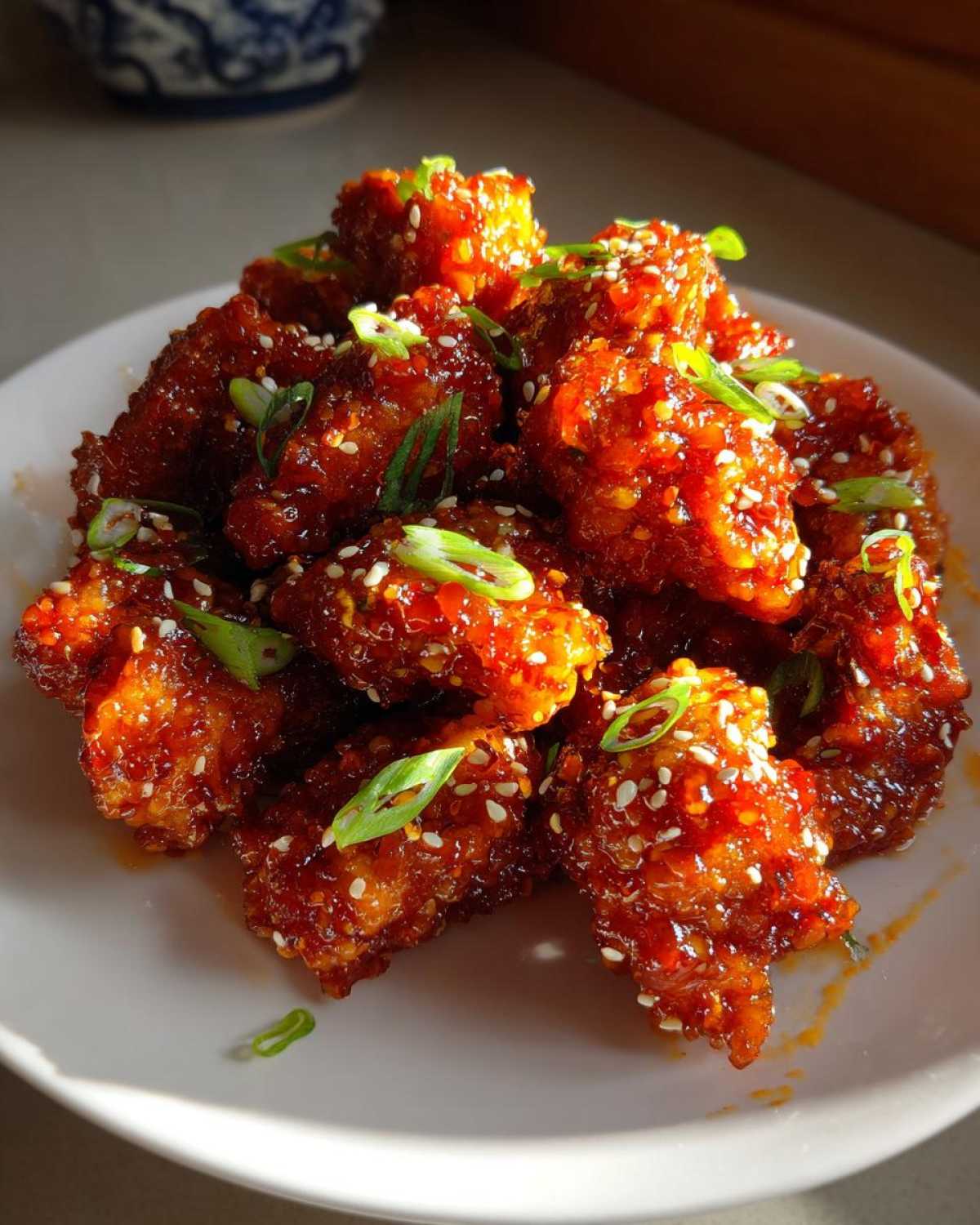 A mound of glistening, saucy Air Fryer Crispy Korean Chicken Bites topped with sesame seeds and green onions.